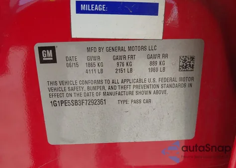 2015 Chevrolet Cruze 2Lt Auto из США, поврежденный, VIN 1G1PE5SB3F7292361